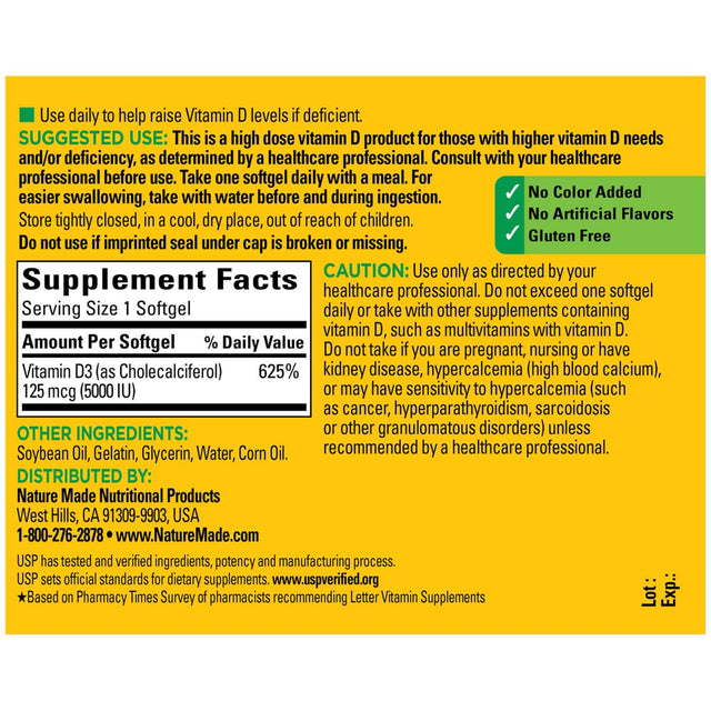 Nature Made Extra Strength Vitamin D3 5000 IU Softgels (125 Mcg), 360 Count for Bone Health? Value Size (Packaging May Vary)