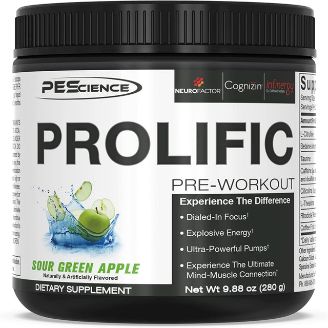 Pescience Prolific Pre Workout Powder, Sour Green Apple, 40 Scoop, Energy Supplement with Nitric Oxide