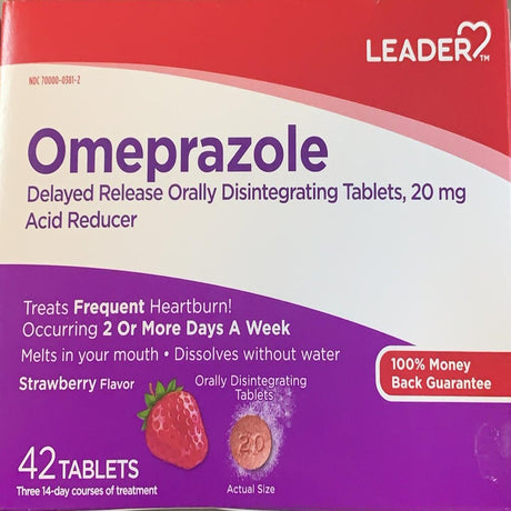 Leader Omeprazole Acid Reducer, 20Mg, 42 Tablets, Strawberry Flavor