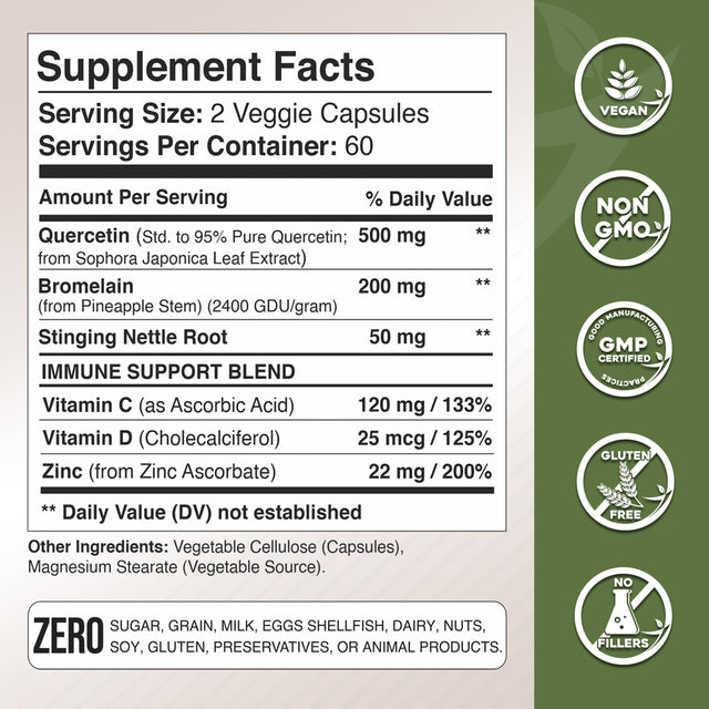 Quercetin with Vitamin C and Zinc - Nettle Quercetin - Quercetin 500Mg - Quercetin with Bromelain - Zinc Quercetin + Vitamin D3 - 360 Veggie Caps - (Non-Gmo, Gluten-Free, Vegan) 6 Month Supply