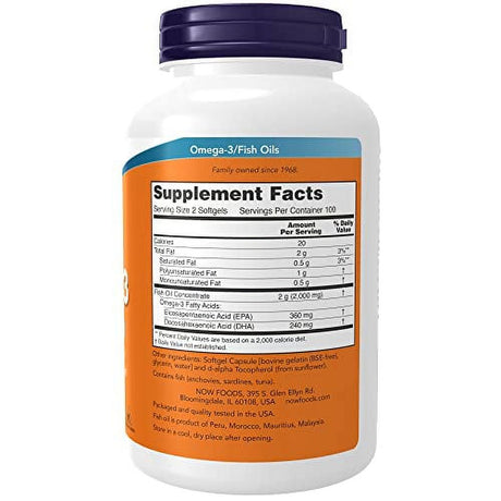 NOW Supplements, Omega-3 180 EPA / 120 DHA, Molecularly Distilled, Cardiovascular Support*, 200 Softgels