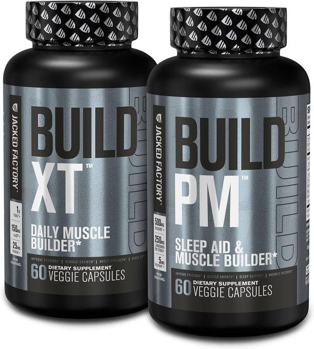 Jacked Factory AM & PM Muscle Building Supplement Stack - Build-Xt Muscle Builder & Build PM Night Time Muscle Growth & Sleep Aid