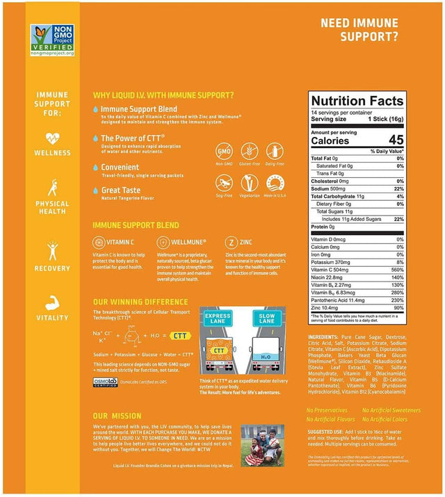 Liquid I.V. Hydration Multiplier+ Immune Support Drink Mix - Tangerine - 14 Stick Packs