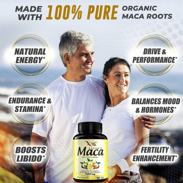 X Gold Health Organic Maca Root Powder Capsules Black, Yellow & Red Maca Pills 1500 Mg, 150 Count