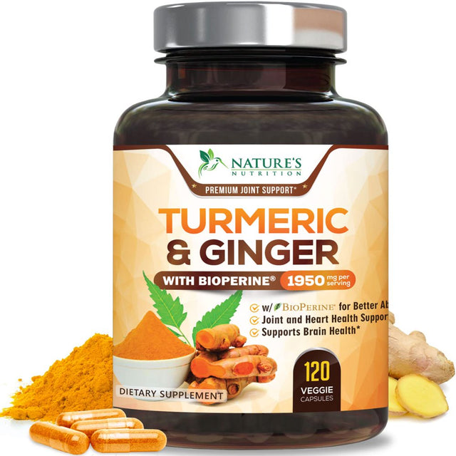 Turmeric Curcumin with Bioperine & Ginger 95% Standardized Curcuminoids 1950Mg Black Pepper for Max Absorption Joint Support, Nature'S Tumeric Herbal Extract Supplement, Vegan, Non-Gmo - 120 Capsules