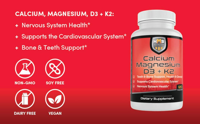 HMS Nutrition Calcium, Magnesium, Vitamins D3 and K2 - 120 Vegan Capsules, 60 Day Supply - Supports Lung & Immune System Health, Strong Bones & Teeth - Non-Gmo