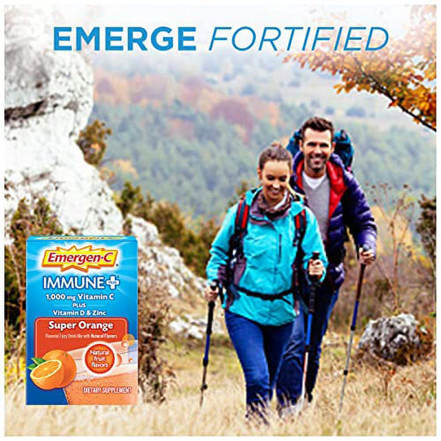 Emergen-C Immune+ 1000Mg Vitamin C Powder, with Vitamin D, Zinc, Antioxidants and Electrolytes for Immunity, Immune Support Dietary Supplement, Super Orange Flavor - 30 Count/1 Month Supply