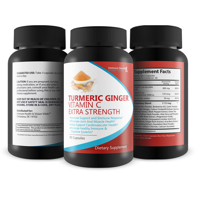 Turmeric Ginger & Vitamin C - Premium Blend - 2048 MG with Black Pepper Piperine for Best Absorption over 850 MG of Vitamin C - over 1100 MG Turmeric Based Herbal Blend - Ginger Turmeric Berberine