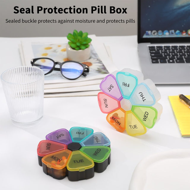 HEQUSIGNS 2Pcs 7 Day Portable Pill Box, Weekly Pill Organizer with Large Compartments, Travel Pill Case, Flower Medicine Container for Vitamins Pills