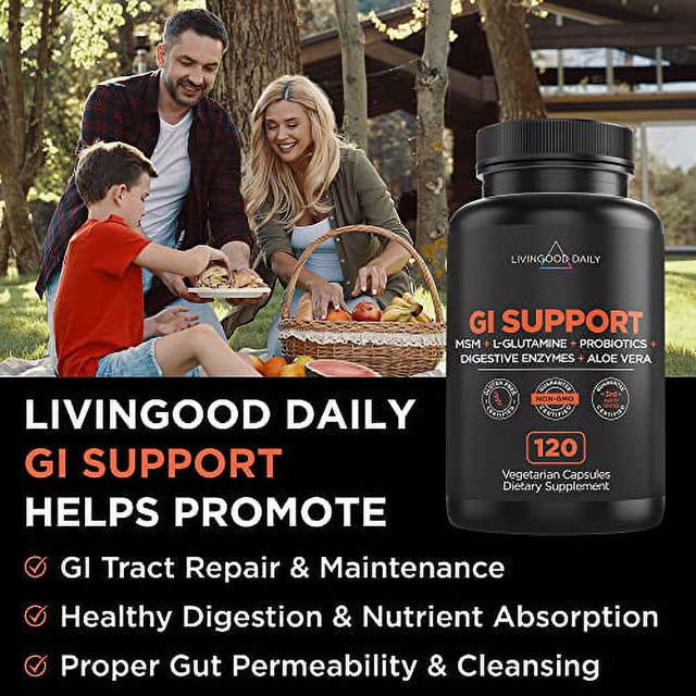 Livingood Daily GI Support - Leaky Gut Repair Supplements - 1000Mg L Glutamine with MSM, Probiotics, Digestive Enzymes, Ox Bile, and Slippery Elm - Gut Health Supplements for Women & Men, 120 Capsules