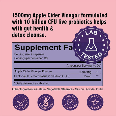 Wayloss 1500Mg Apple Cider Vinegar Capsules/Apple Cider Vinegar Pills W/ 10 BILLLION Probiotics as ACV Pills for Women & Men for Daily Detox Cleanse, Gut Health, Immunity Support, 60 Caps