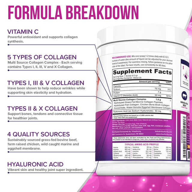 Multi Collagen Peptides plus Hyaluronic Acid and Vitamin C, Hydrolyzed Collagen Protein, Types I, II, III, V and X Collagen, Strawberry Flavor, 30 Servings