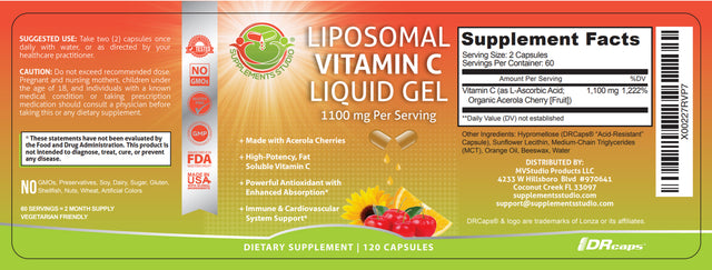 Liposomal Vitamin C Liquid Gel Organic Acerola Cherries,1100 Mg, - 2 Month Supply