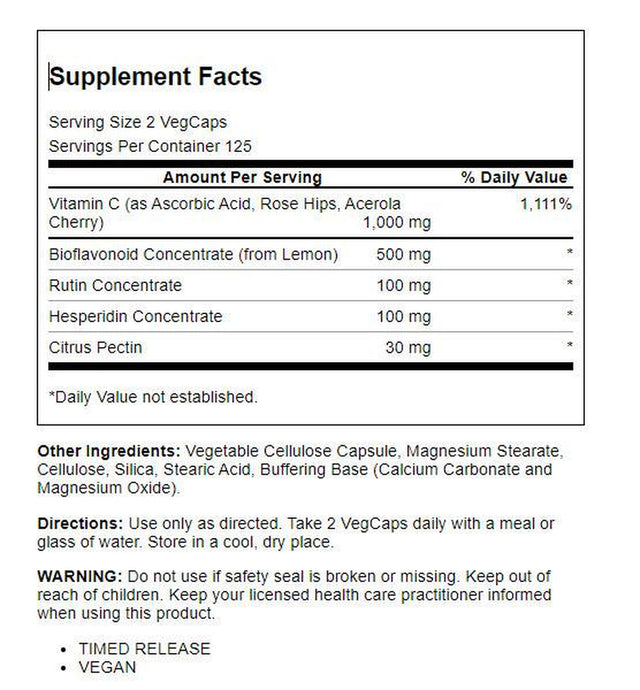 Solaray Super Bio Buffered Vitamin C 1000 Mg with Bioflavonoids, Timed Release Immune Support, 250 Vegcaps