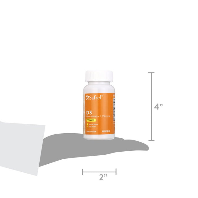 Safrel Vitamin D3 50,000 IU (As Cholecalciferol), Once Weekly Dose, 1250 Mcg, 60 Veggie Capsules for Bones, Teeth, and Immune Support