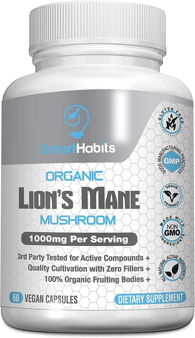 Certified Organic Lion'S Mane Mushroom Capsules - Nootropic Superfood Extract Promote Brain Function, Nervous System Health, and Immunity Hand Picked Mushrooms, Third-Party Verified for Purity