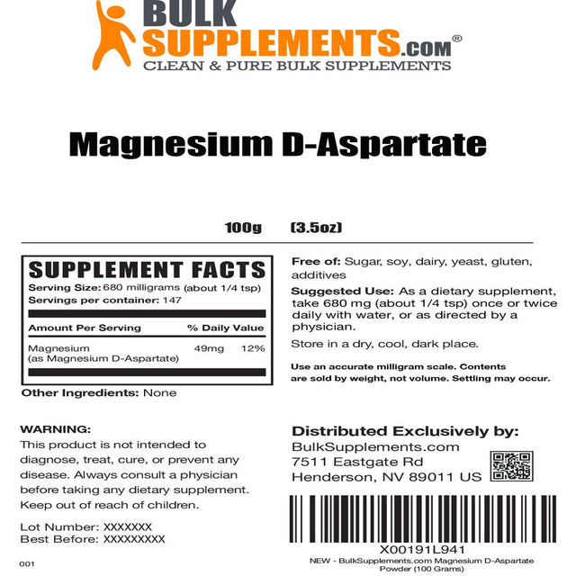 Bulksupplements.Com Magnesium D-Aspartate - Pure Magnesium - High Absorption Magnesium - Magnesium Supplement (100 Grams)