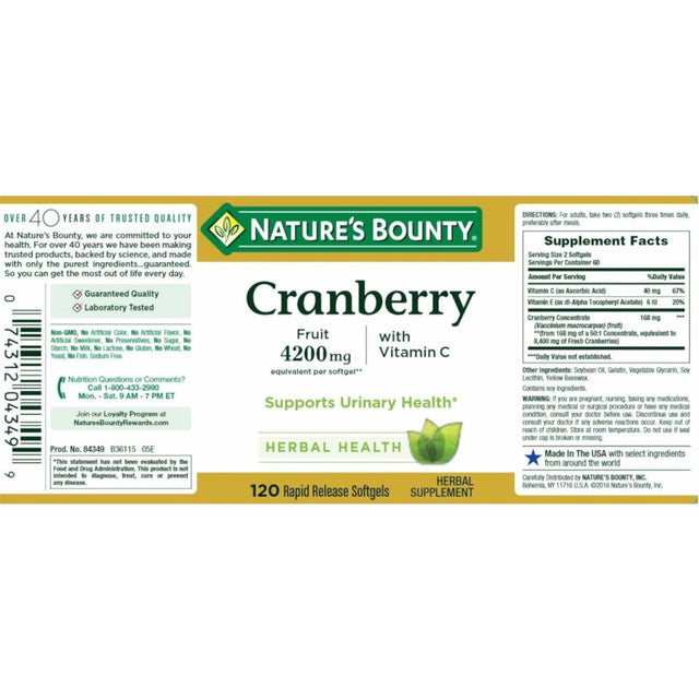 Nature'S Bounty 4200Mg W/ Vitamin C Treat Urinary Health, Cranberry, 120Ct, 4-Pack