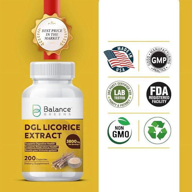 Balancebreens DGL Deglycyrrhizinated Licorice 3800 Mg Supplement - 200 Non-Gmo Capsules - Digestive Enzymes, Promote Gut Health, Acid Reflux, Digestion and Heartburn Support