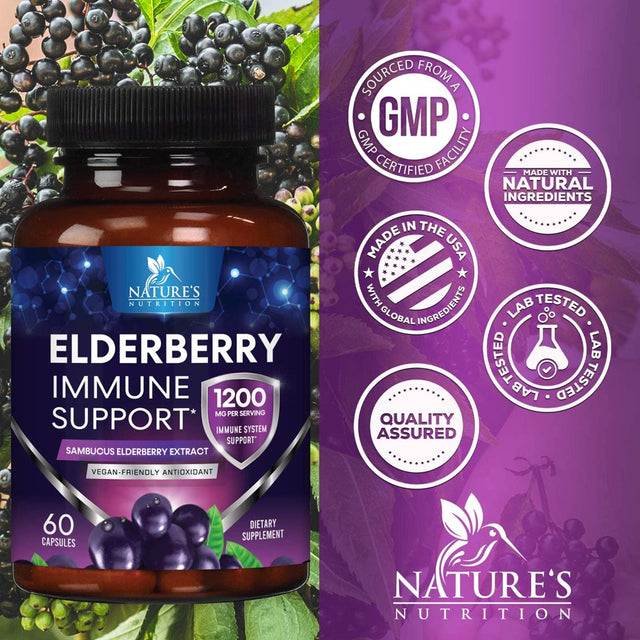 Nature'S Nutrition 10:1 Elderberry Extract Capsules - Highly Concentrated Sambucus Black Elderberry, Immune Support Dietary Supplement, Elder Berry Vitamins, Gluten Free Non-Gmo - 60 Capsules