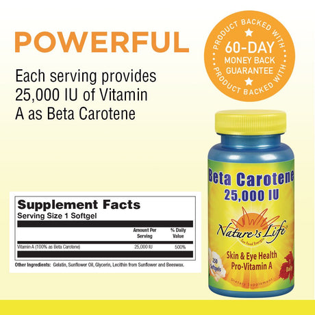 Nature'S Life Beta Carotene 25,000 IU | Helps Support Healthy Immune Function & Skin & Eye Health | Antioxidant Dietary Supplement | 250 Softgels