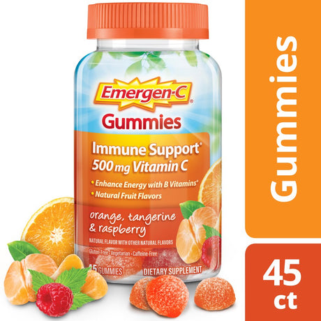 Emergen-C Immune+ Vitamin C Gummies, Orange, Tangerine, Raspberry, 500Mg, 45 Ct