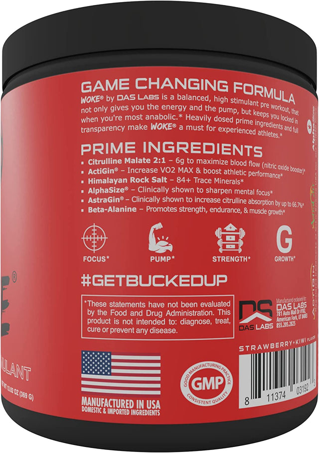 Bucked up - Woke - HIGH STIM Pre Workout - Best Tasting - Focus Nootropic, Pump, Strength and Growth, 30 Servings (Strawberry Kiwi)