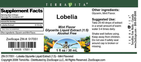 Terravita Lobelia Glycerite Liquid Extract (1:5) - Mint Flavored, (Mint, 1 Oz, 1-Pack, Zin: 517051)