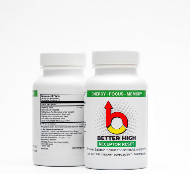 Better High Receptor Reset: Full Body Endocannabinoid System Detox & Cleanse. All Natural Herbal Ingredients. 60 Caps/Bottle.