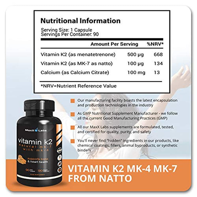 Best Vitamin K2 - 600 Mcg - Full Spectrum - All Natural MK7 Natto and MK4 plus Calcium 100 Mg - Vitamins K MK-7 + MK-4 - No Gmos, Vegan K2-MK7 Supplement Complex K2-7 M7 - 90 Veggie Caps