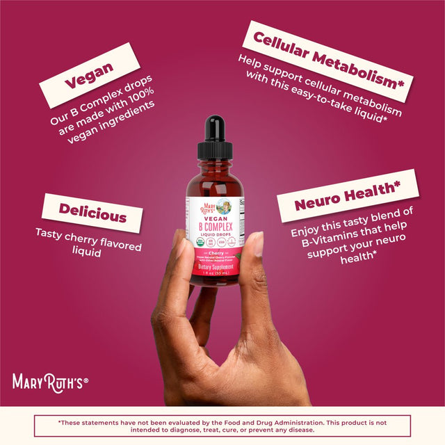 Maryruth Organics | USDA Organic Vegan Vitamin B Complex Liquid Drops | Cherry Flavor | Vegan, Non-Gmo | 1 Fl Oz / 30 Ml