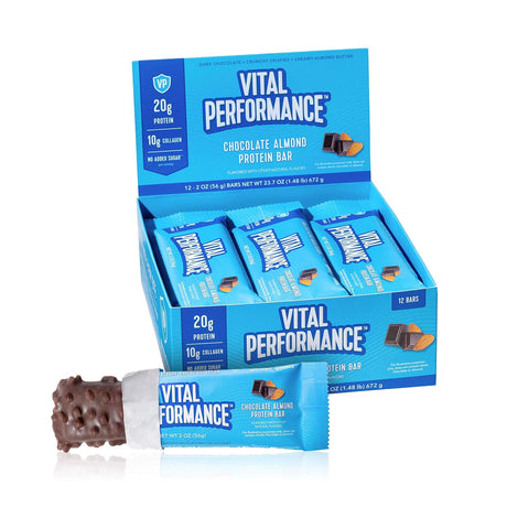 Vital Performance Protein Bar, Healthy Snacks, 20G of Protein, 10G of Collagen Peptides, 2-3G of Sugar, Low Lactose, 12 Pack, Chocolate Almond