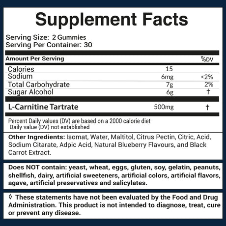 500Mg L-Carnitine Gummies | L Carnitine Tartrate Pre Workout Supplement for Women and Men | Non-Gmo, Vegan, Gluten-Free | Natural Blueberry Flavored Gummies… (60 Count)