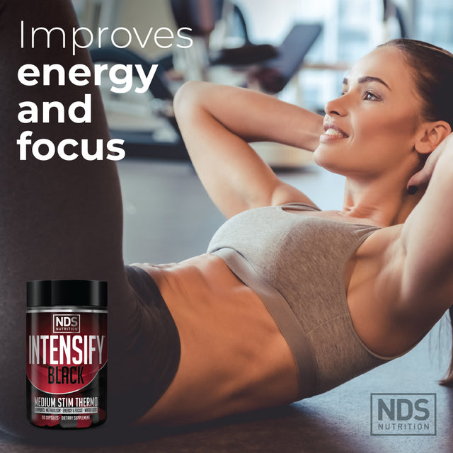 NDS Nutrition Intensify Black - Thermogenic Blend with Teacrine for Fat and Water Loss - Boost Metabolism, Burn Calories, Help Suppress Appetite - Improve Body Tone, Muscle Definition - 90 Capsules