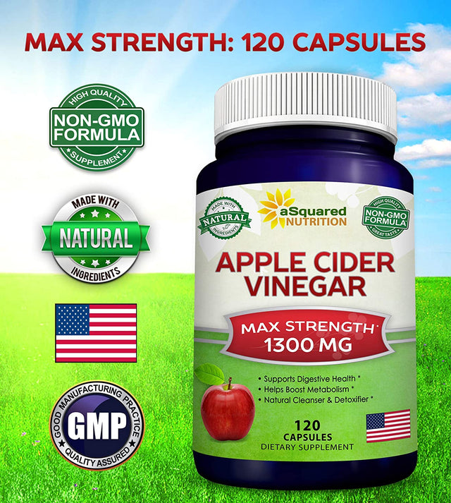 Asquared Nutrition Apple Cider Vinegar Supplement (120) - Extra Strength 1300Mg - ACV Pills for Pure Weight Loss, Detox, Digestion & Immune Support - All Natural Apple Cider Cleanse & Immunity Booster