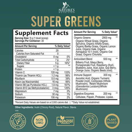 Greens Superfood Powder Supplement - Super Green Smoothie Mix Blend with Spirulina, Wheat Grass, Chlorella, Beets, Digestive Enzymes & Antioxidants - Natural Gut Health, Vegan & Non-Gmo - 30 Servings