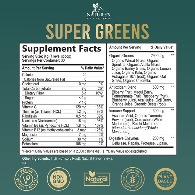 Greens Superfood Powder Supplement - Super Green Smoothie Mix Blend with Spirulina, Wheat Grass, Chlorella, Beets, Digestive Enzymes & Antioxidants - Natural Gut Health, Vegan & Non-Gmo - 30 Servings