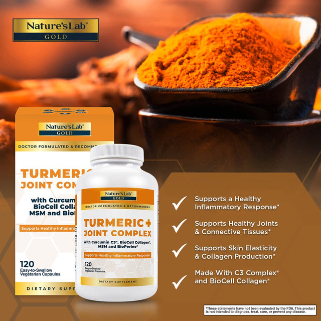 Nature'S Lab Gold Turmeric Joint Complex - 120 Capsules - Biocell Collagen, Hyaluronic Acid, C3 Curcumin, MSM - Joint Support, anti Inflammatory, Skin Supplement*