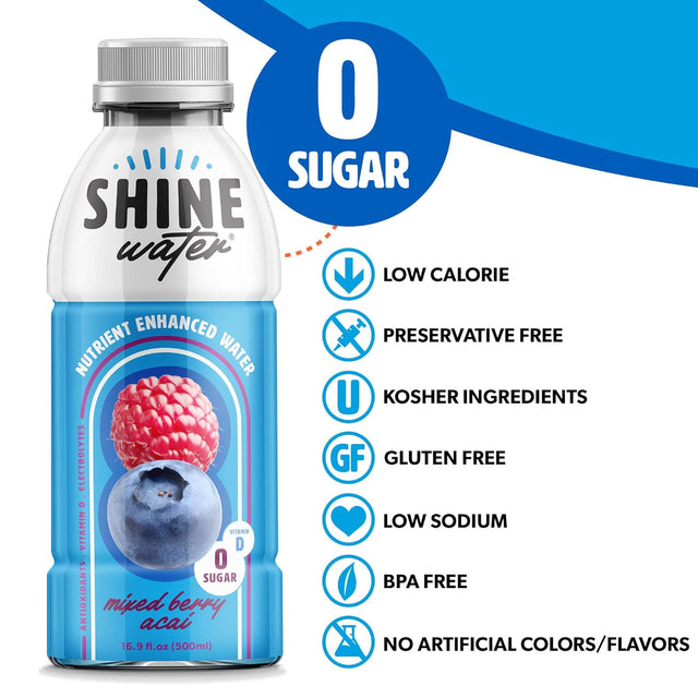 Shinewater Mixed Berry Acai - Pack of 12 (16.9 Fl Oz Each) - Naturally Flavored Electrolyte Water with Vitamin D, Powerful Hydration and Plant-Based Antioxidants, Zero Sugar, Low Calorie!