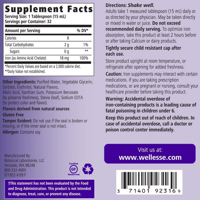 WELLESSE Liquid Mineral Supplement, Iron, Natural Berry, 16 Ounce