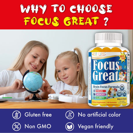 Focus Great Kids Brain Booster Focus Gummies Vitamin Supplement, Boost Focus Memory 60Ct by America'S Best Deals