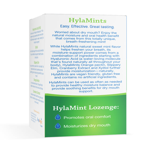 Hyalogic Hyamints Breath Mints for Dry Mouth- Sugar Free Mint Flavor— Natural Breath Freshener W/Hyaluronic Acid, Cranberry Extract, Xylitol, Slippery Elm, Orange Pectin (60 Count)