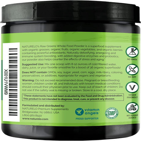 NATURELO Raw Greens Superfood Powder - Unsweetened - Boost Energy, Detox, Enhance Health - Organic Spirulina - Wheat Grass - Whole Food Nutrition from Fruits and Vegetables - 30 Servings