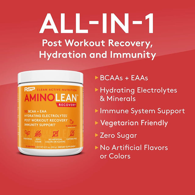 RSP Aminolean Recovery - Post Workout Bcaas Amino Acids Supplement + Electrolytes, Bcaas and Eaas for Hydration Boost, Immunity Support - Muscle Recovery Drink, Vegan Aminos, Blood Orange…