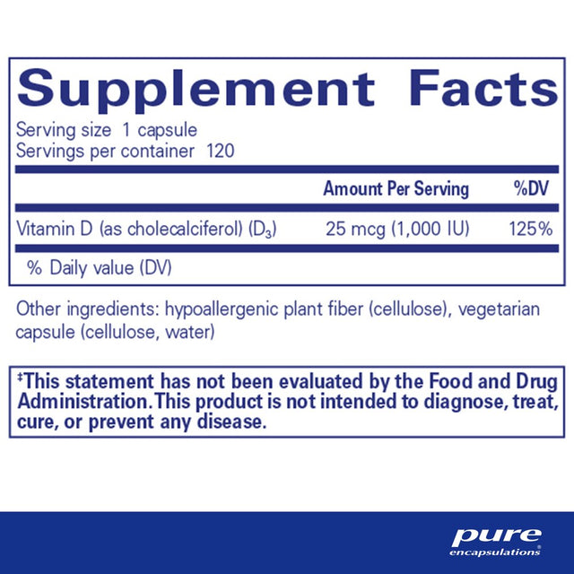 Pure Encapsulations Vitamin D3 25 Mcg (1,000 IU) | Supplement to Support Bone, Joint, Breast, Prostate, Heart, Colon and Immune Health* | 120 Capsules