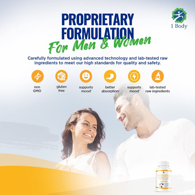 1 Body Vitamin B Complex Supplement 5-MTHF Folate with B1, B2, B5, B6, Methyl B12, Niacin, Biotin