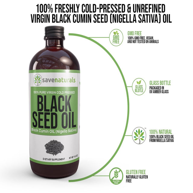 16 Oz Black Seed Oil 100% Pure Cold Pressed Natural Cumin Nigella Sativa Non-Gmo GLASS Bottles Immune Support by Savenaturals