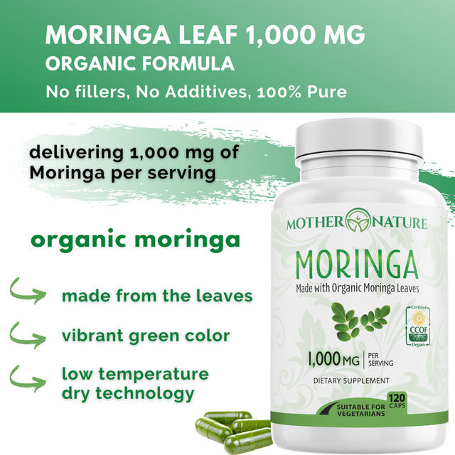 Moringa Capsules 1000Mg, Organic Certified Moringa Leaves Powder - Greens Superfood Powder Herbal Supplement - Energy, Focus, Lactation Support, Vitamin C for Immune Support - Vegan, Non-Gmo (120 )