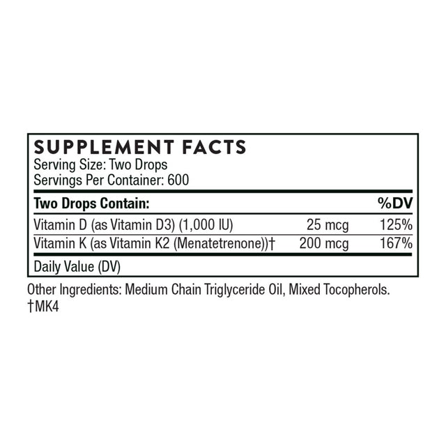 Thorne, Vitamin D + K2 Liquid with a Metered Dispenser, Vitamins D3 and K2 to Support Healthy Bones and Muscles*, 1 Fl Oz (30 Ml), 600 Servings