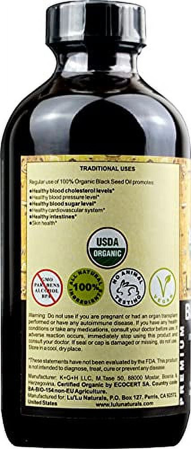 Lu'Lu Naturals 100% Organic USDA Certified Black Seed Oil 8Oz Cold Pressed, Extra Virgin. Made from Non-Gmo, Nigella Sativa - Cumin